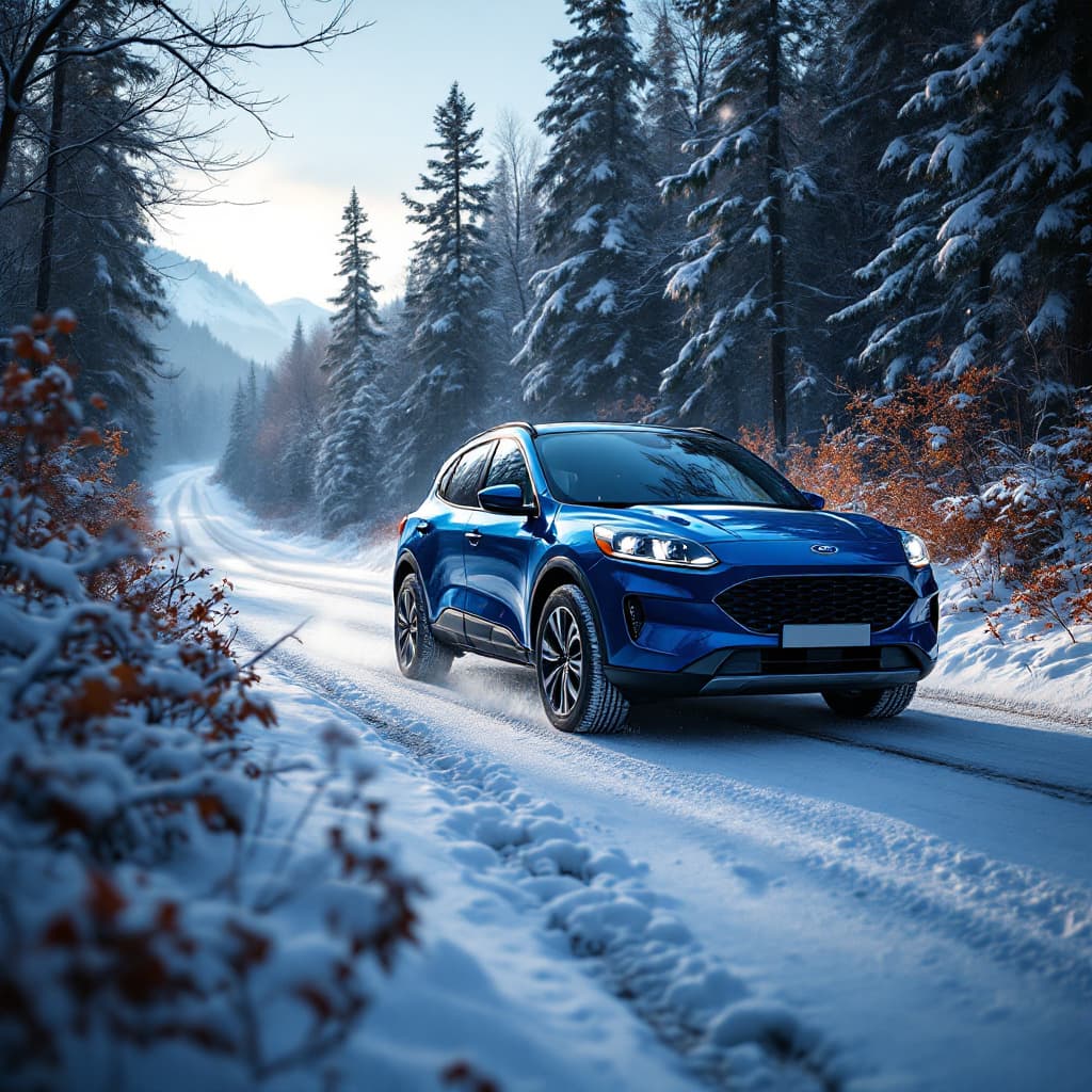 AI generated: year 2023 deep blue FORD ESCAPE in winter road hyper realistic