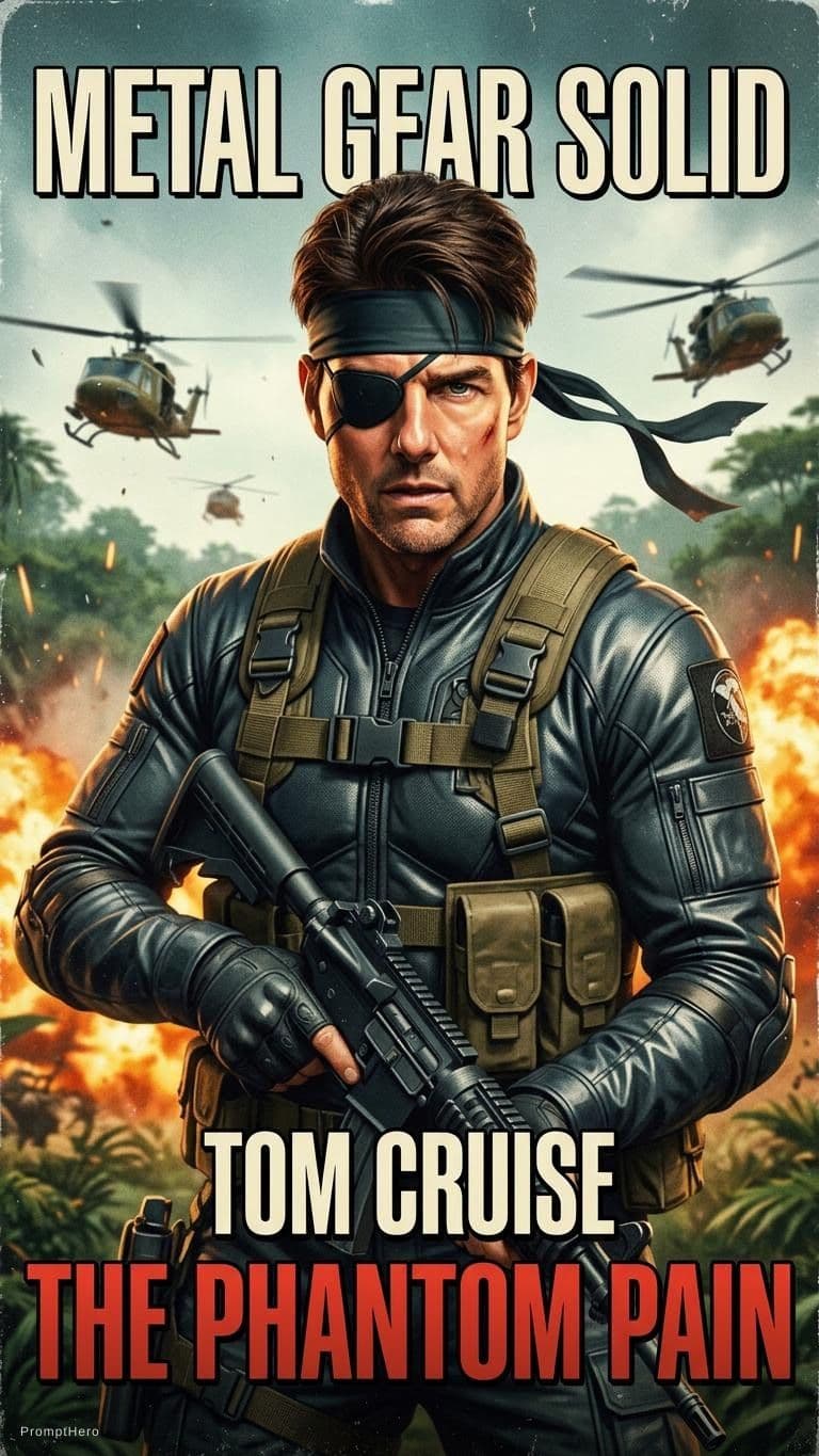 AI generated: Retro Style Tom Cruise Big Boss Metal Gear Solid Poster, hyper realistic render, detailed, 8k