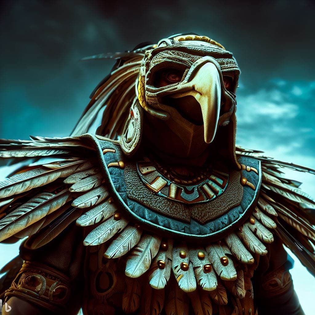 AI generated: wide-photography eagle-mask aztec warrior on guard pose, imposing, background:  aztec empire, highes...