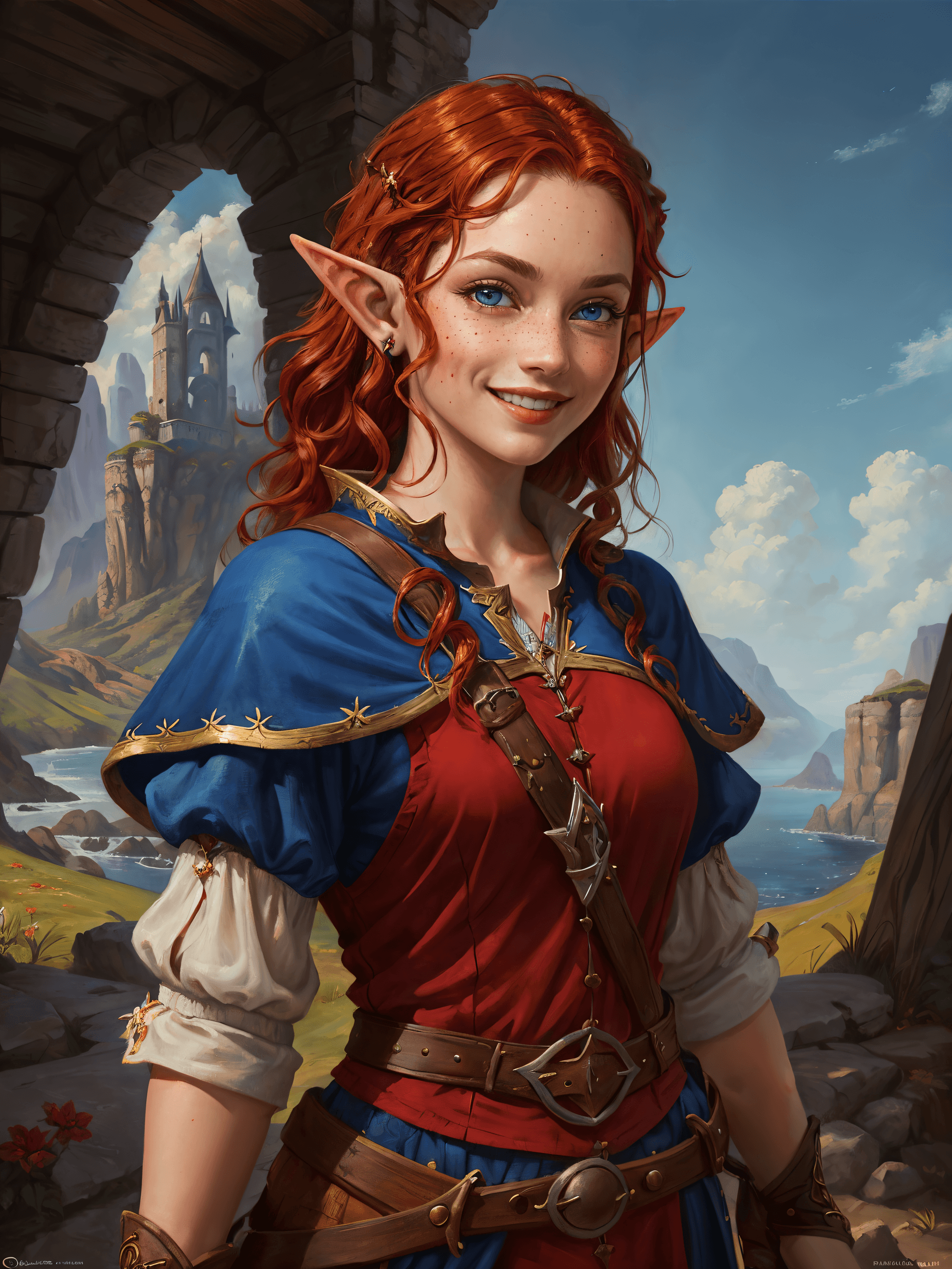 AI generated: (insanely detailed, masterpiece:1.2) , oil painting, D&D fantasy, (blue skinned female elf, blue ski...
