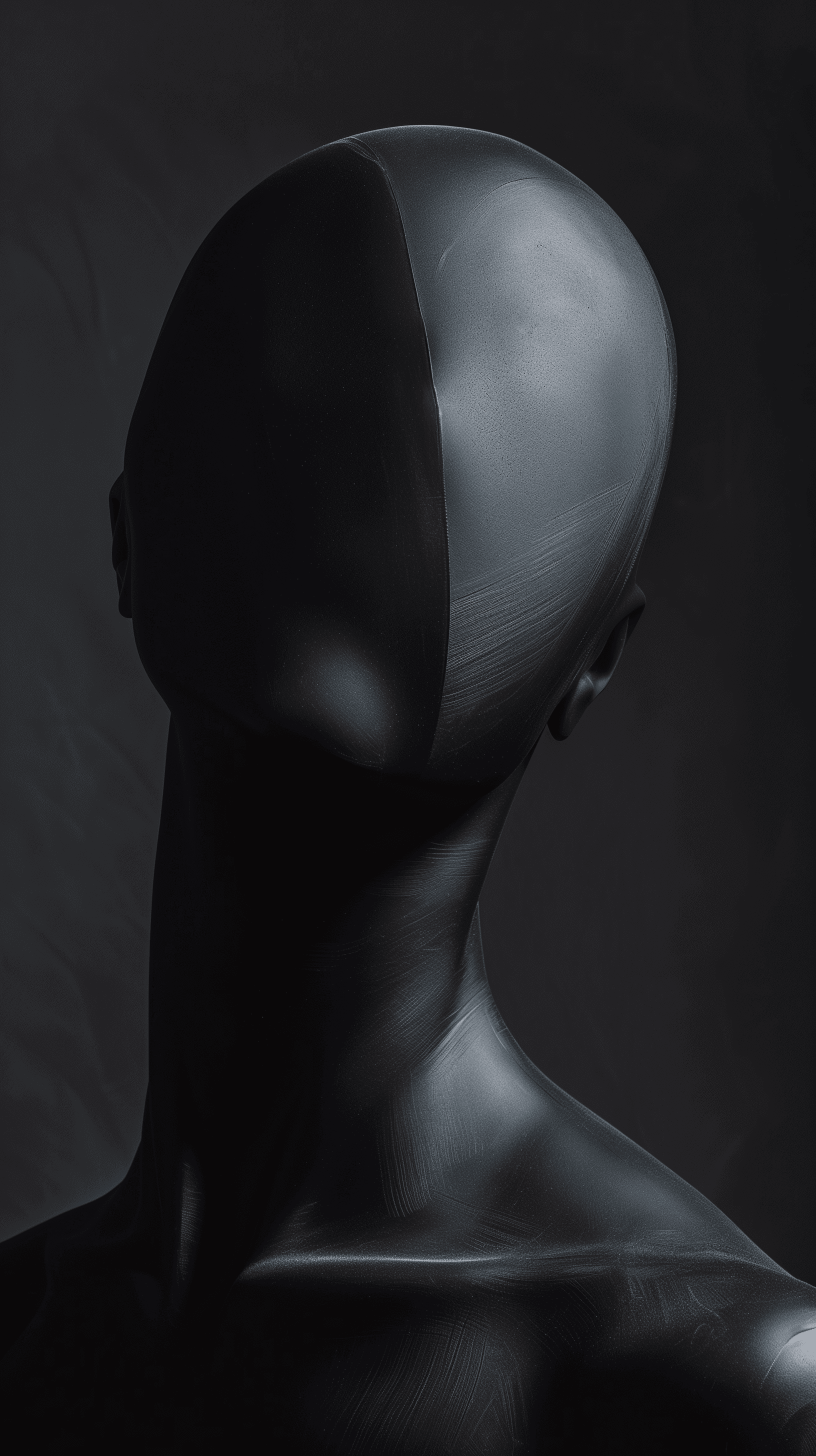 AI generated: minimalist, human head and neck, presented as a smooth, uniform sculpture in matte black, focusing o...