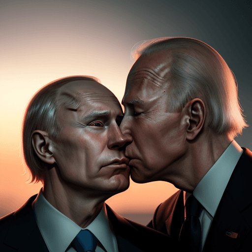 AI generated: Photo of a ultra realistic president Biden kissing ass of President Putin , dramatic light, pale sun...