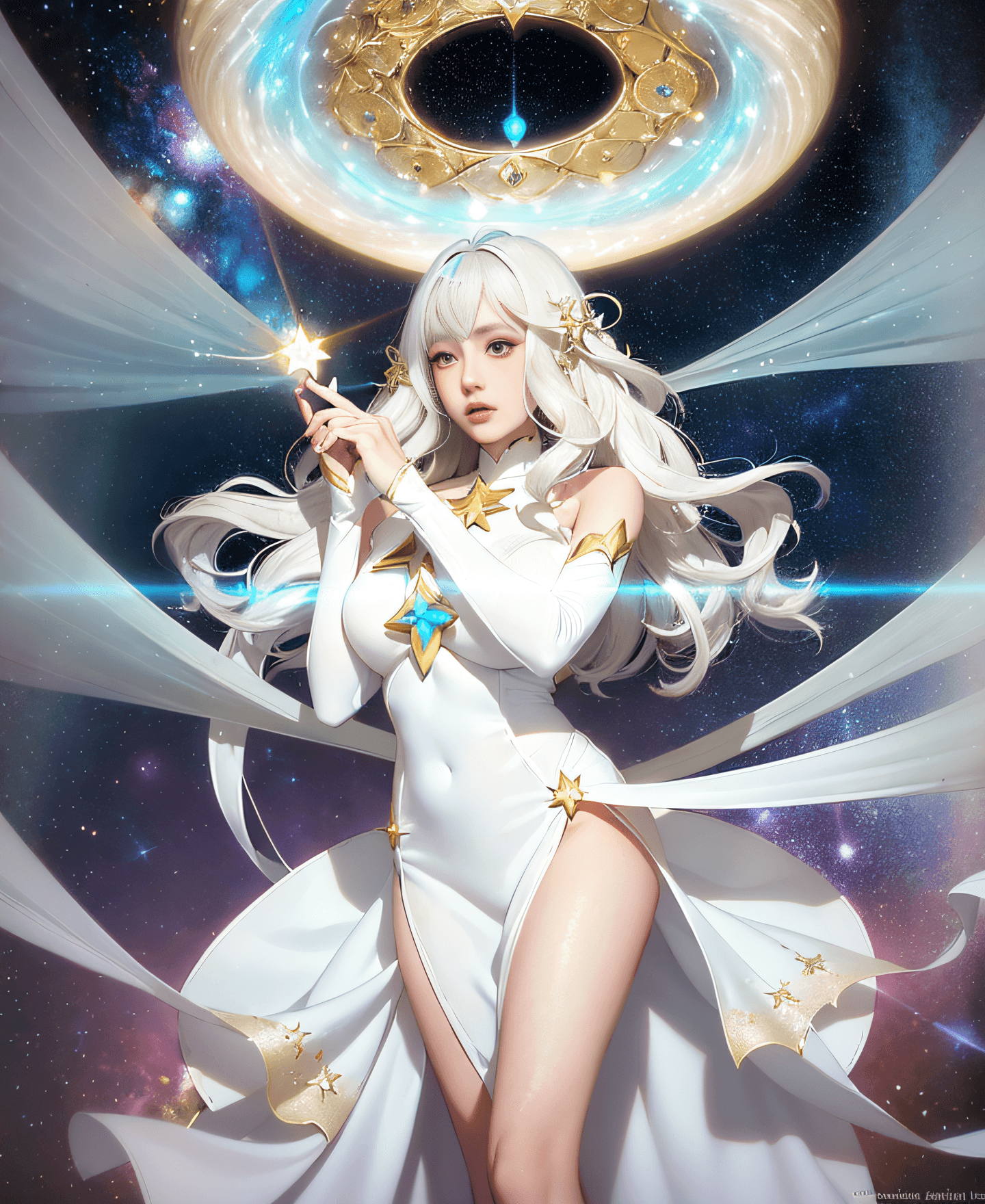 AI generated: a woman in a white dress holding a star in her hands, white haired deity, goddess of light, long glo...