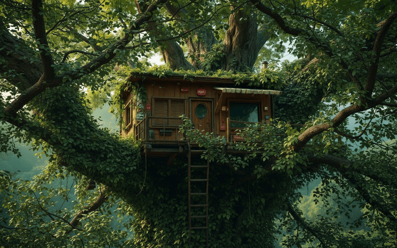AI generated: Recreate and improve this image by adding more smaller branches and leaves around the Treehouse to h...