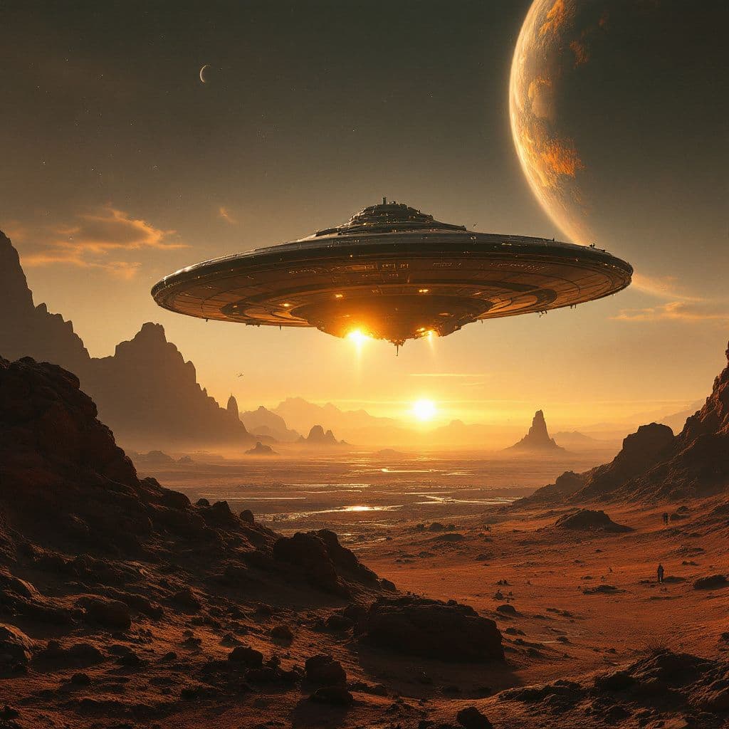 AI generated: A scene of a spaceship landing on an alien planet. The style is reminiscent of a science fiction mov...