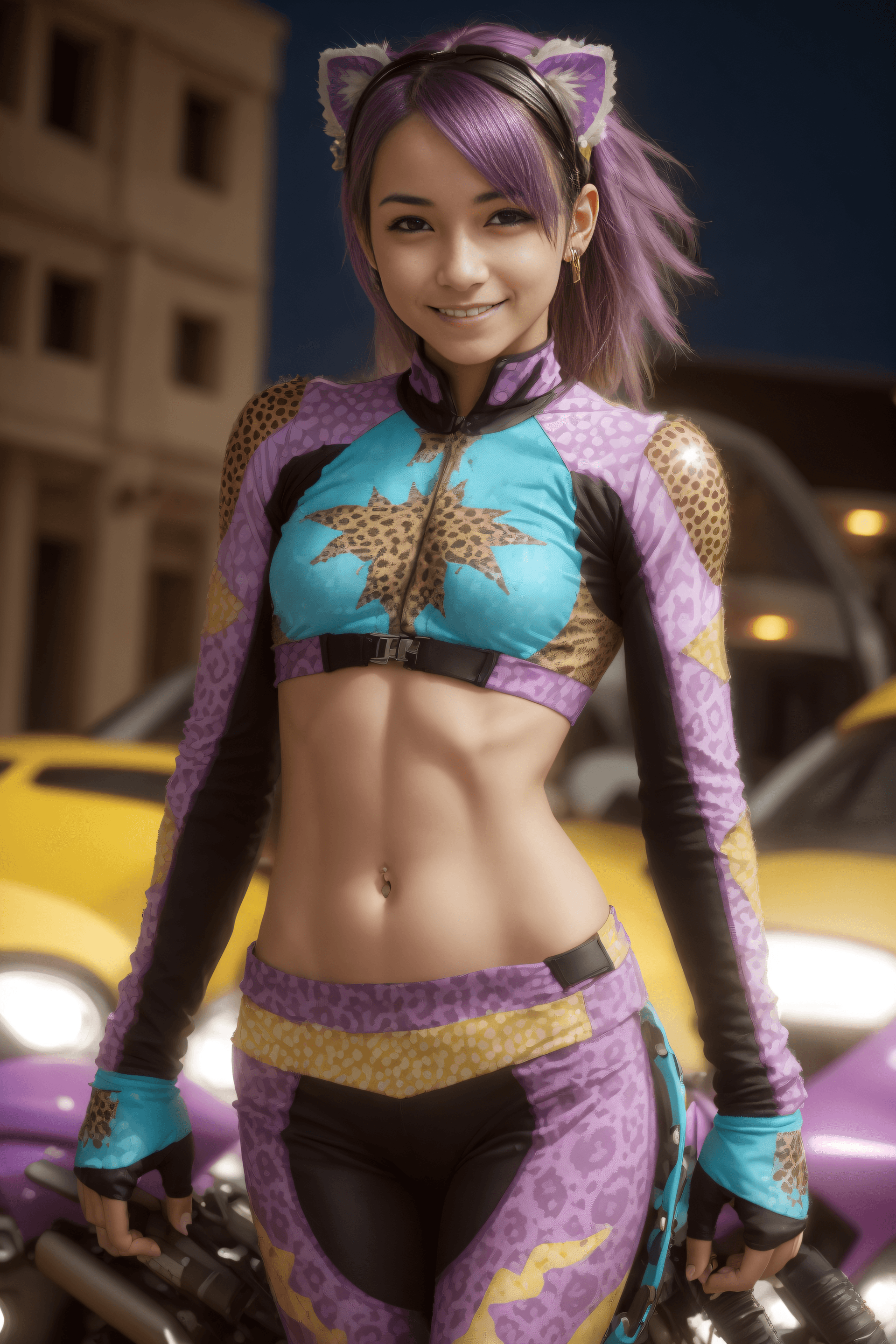 AI generated: cheetah print and Violet fractal art, Shameless, Decora, Mecha- Honduran a young slim, abs, flat che...