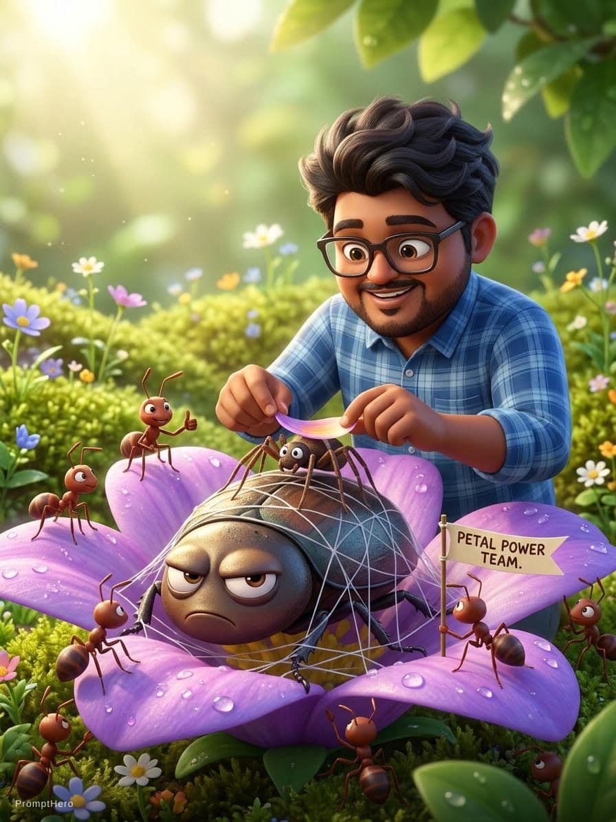 AI generated: An animation of several ants working together to defeat a giant villain in a flower.