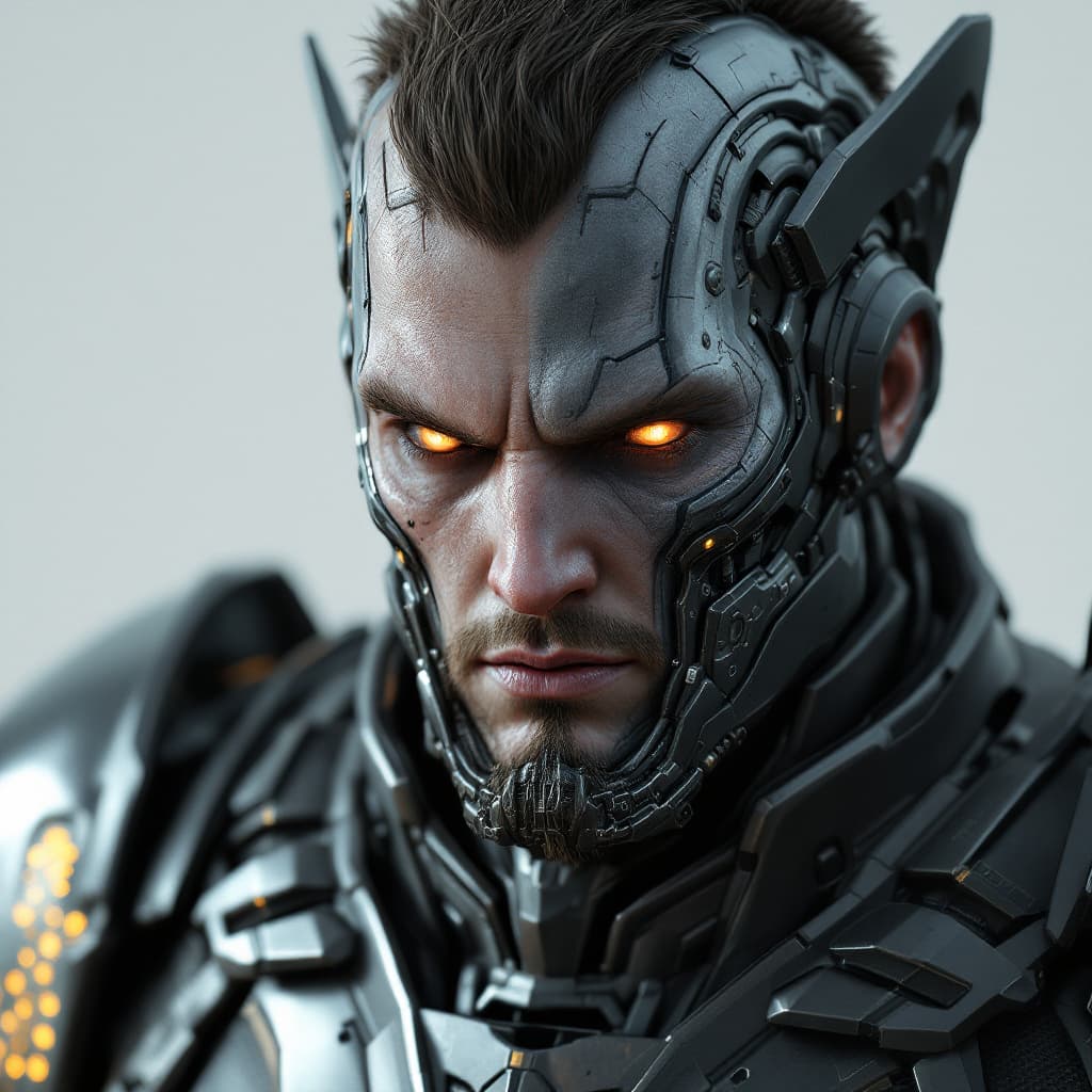 AI generated: half cyborg half human face, powerful heavy arms very large, heavy armor, cyberpunk art by otto piln...