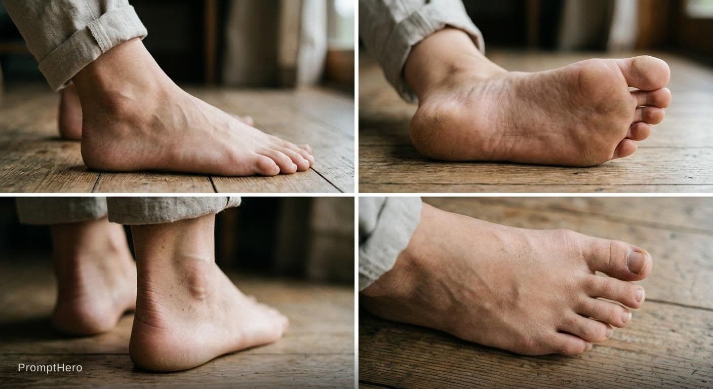 AI generated: A woman’s soft and slightly dirty foot from different angles including the sole and ankle and instep