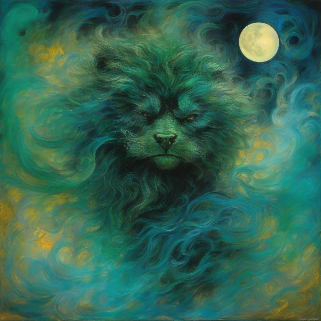 AI generated: wise, zen, mitras-cult, moon-eyed, hairy, Minotaurus, looking out of the dark, blue green smoke, HDR...