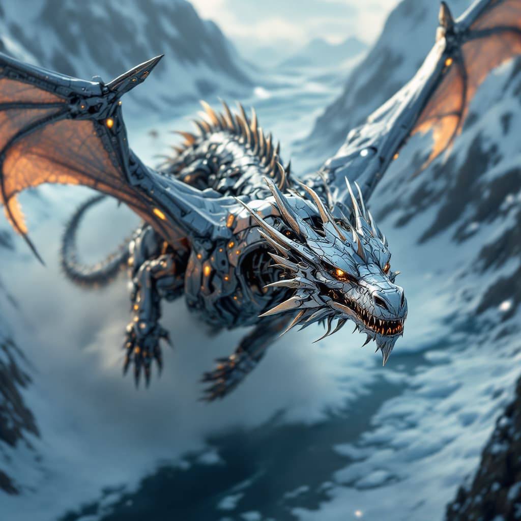 AI generated: 22.	mechanical dragon soaring above icy fjords, metallic scales glinting --v 7 --style mythic tech -...