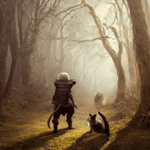 AI generated: cat wearing armor that looks like an old man, the old man is walking with a long chains, in the back...