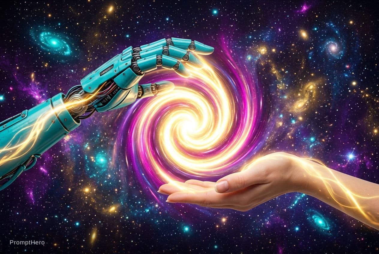 AI generated: 2 Hands. Hand 1: Robot hand, colour turquois metal, relaxed open, palm downward. Hand 2: Human, fema...