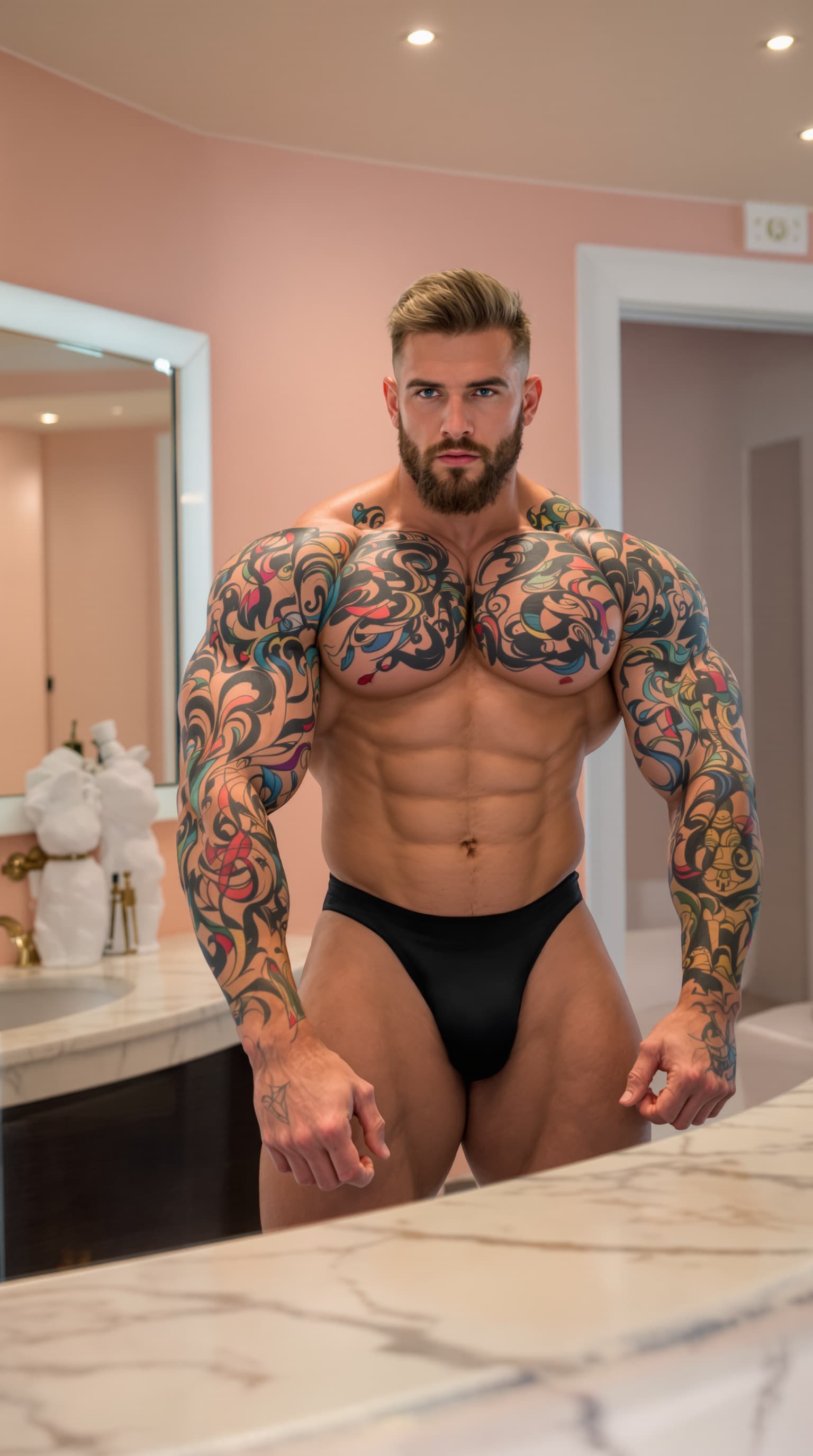 AI generated: A muscular heavyweight bodybuilder in his 20s, perfectly handsome with a strong, chiseled jawline, s...