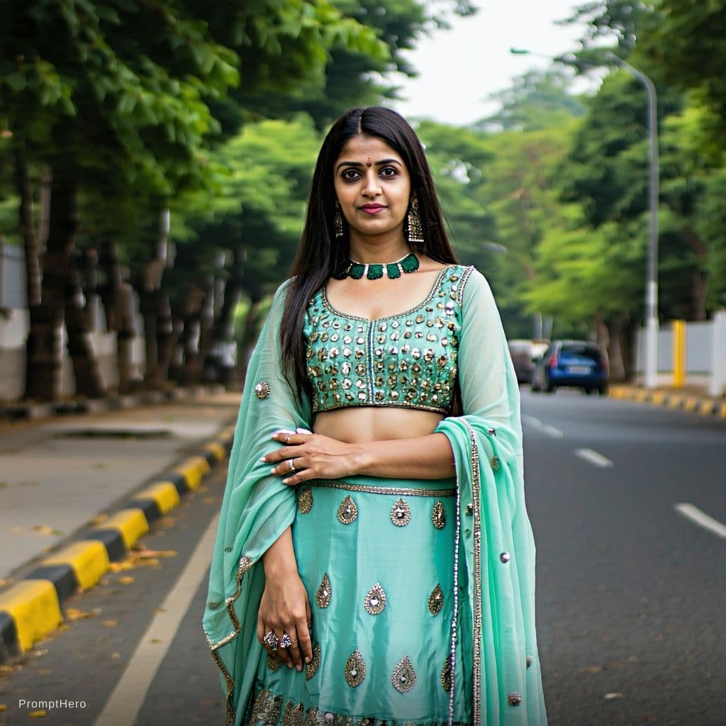 AI generated: indian aria girl have big boob, in street with traditional indian costum