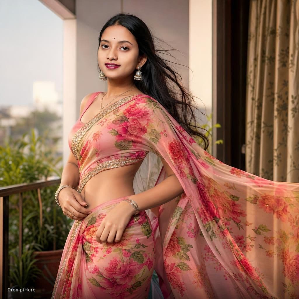 AI generated: A vibrant hot sexy saree with intricate floral patterns, flowing gracefully in a gentle breeze, capt...