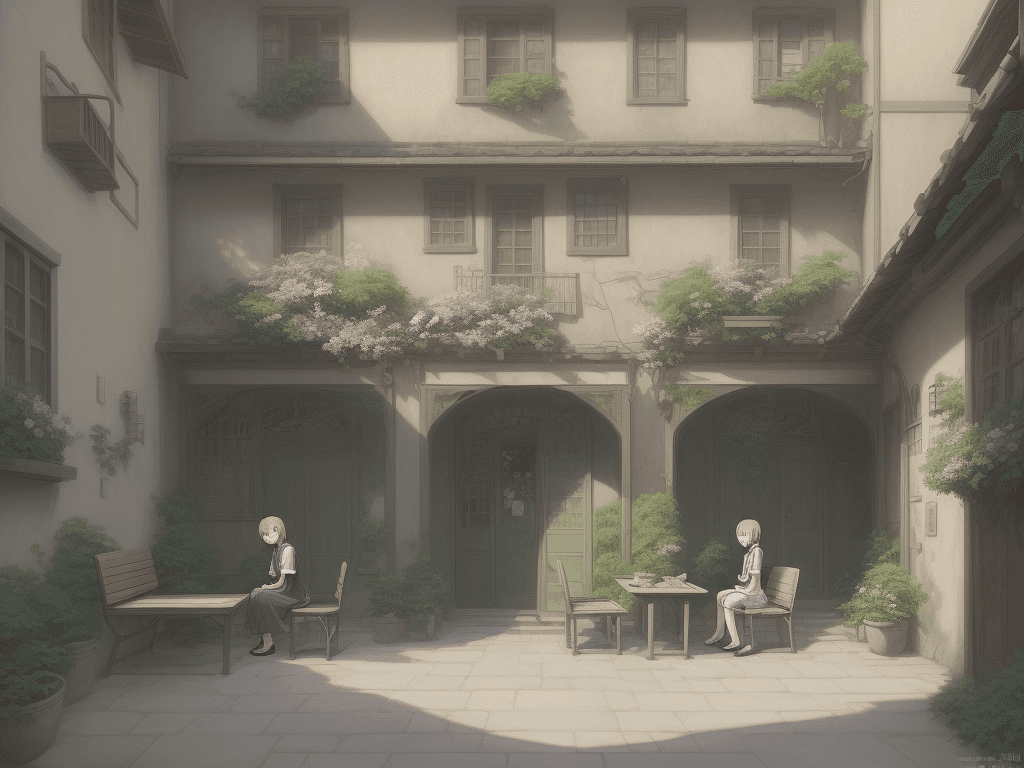 AI generated: painting of a girl with visible facial feature in a courtyard with a table and chairs and a bench, a...