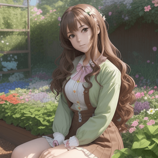 AI generated: An anime girl standing in a colorful garden of flowers, crops, soil, plants, lots of flowers, button...
