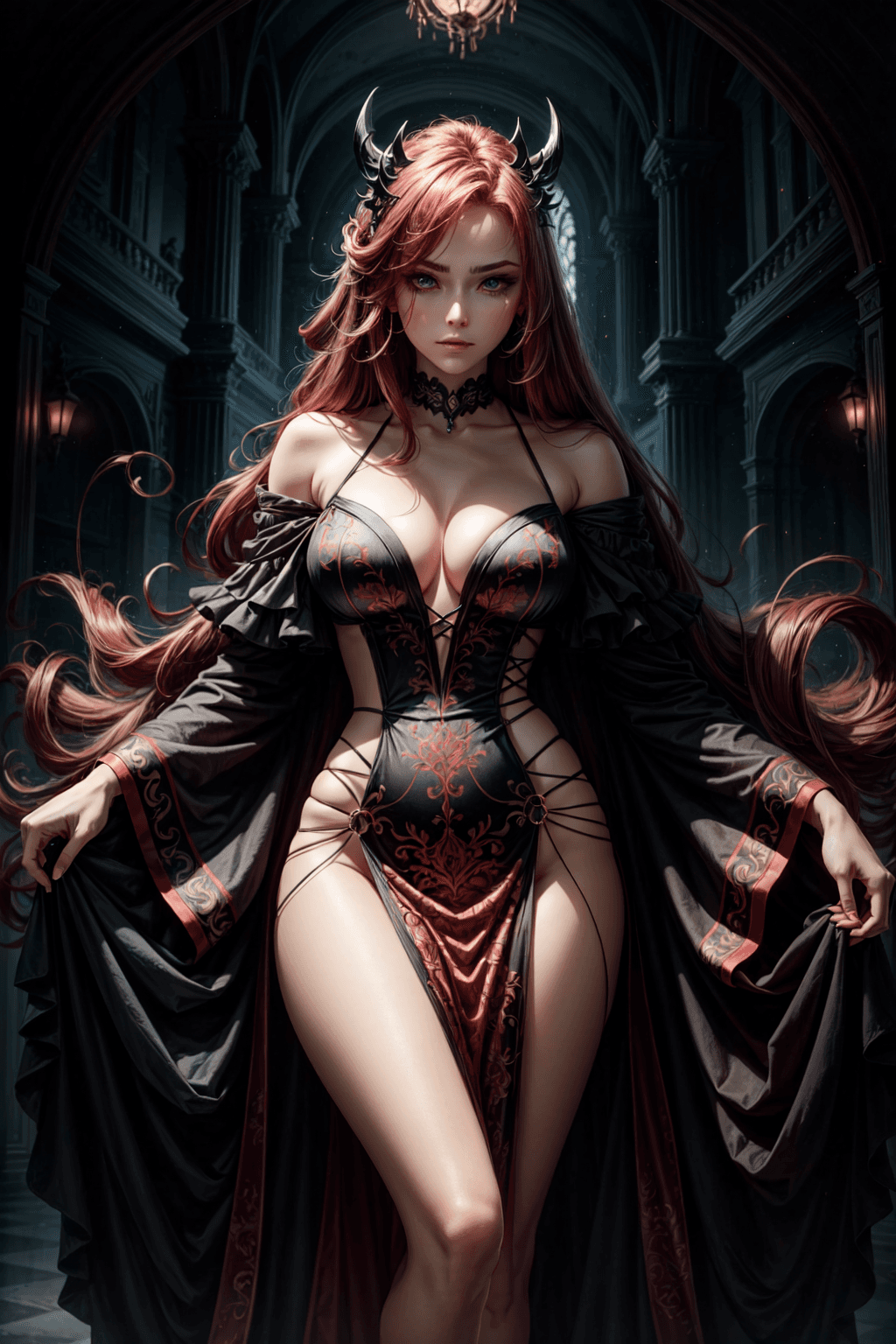 AI generated: The demon mommy's form materializes with a sublime mix of grace and menace. Her lithe silhouette cas...