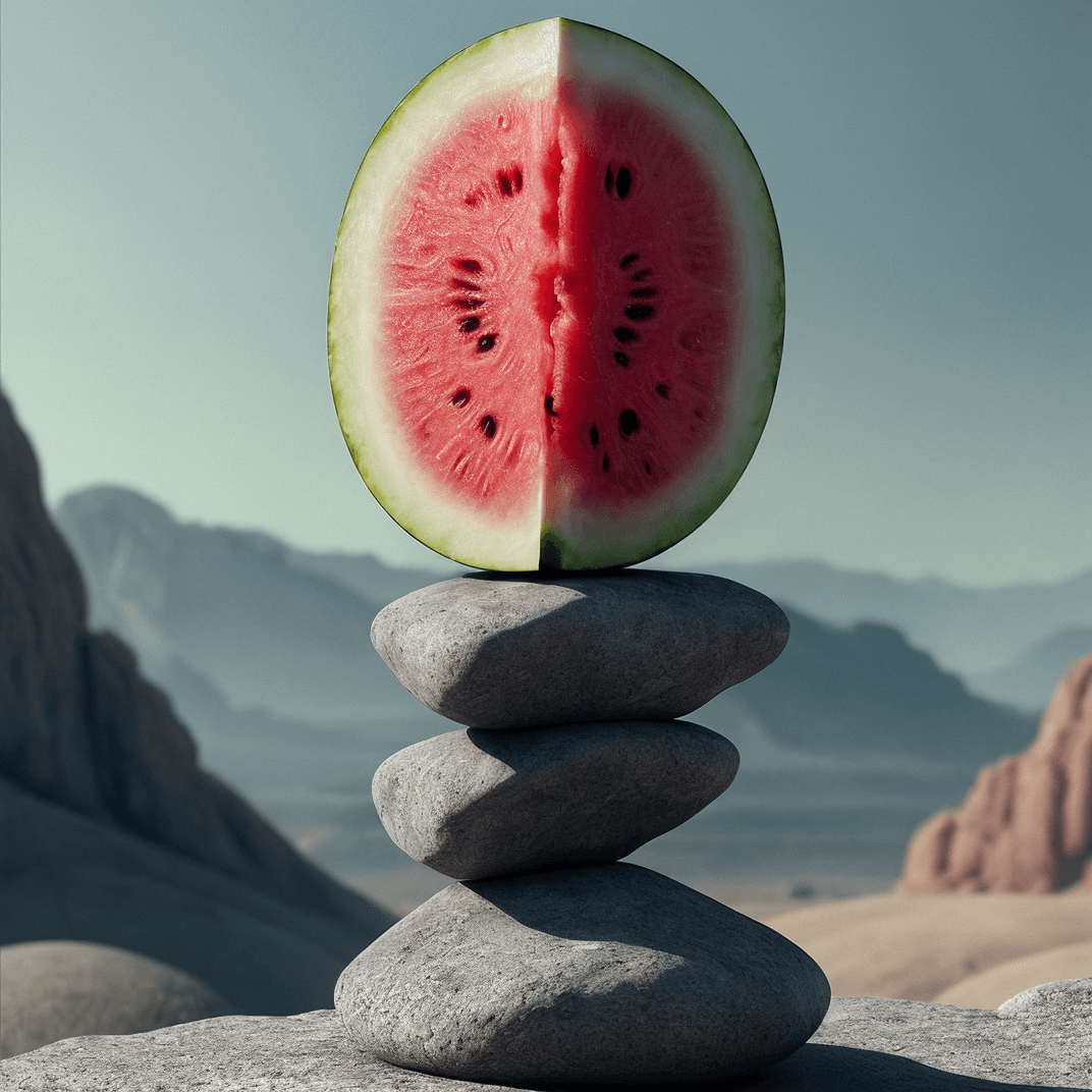 AI generated: 8k uhd,by alessio albi, dusty depth of field,detailed,a perfect watermelon balancing on the stone,st...