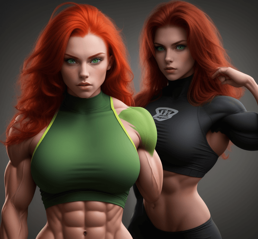 AI generated: 1 young beautiful bodybuilder woman with a wide strong jaw, red hair, green eyes, SFW,