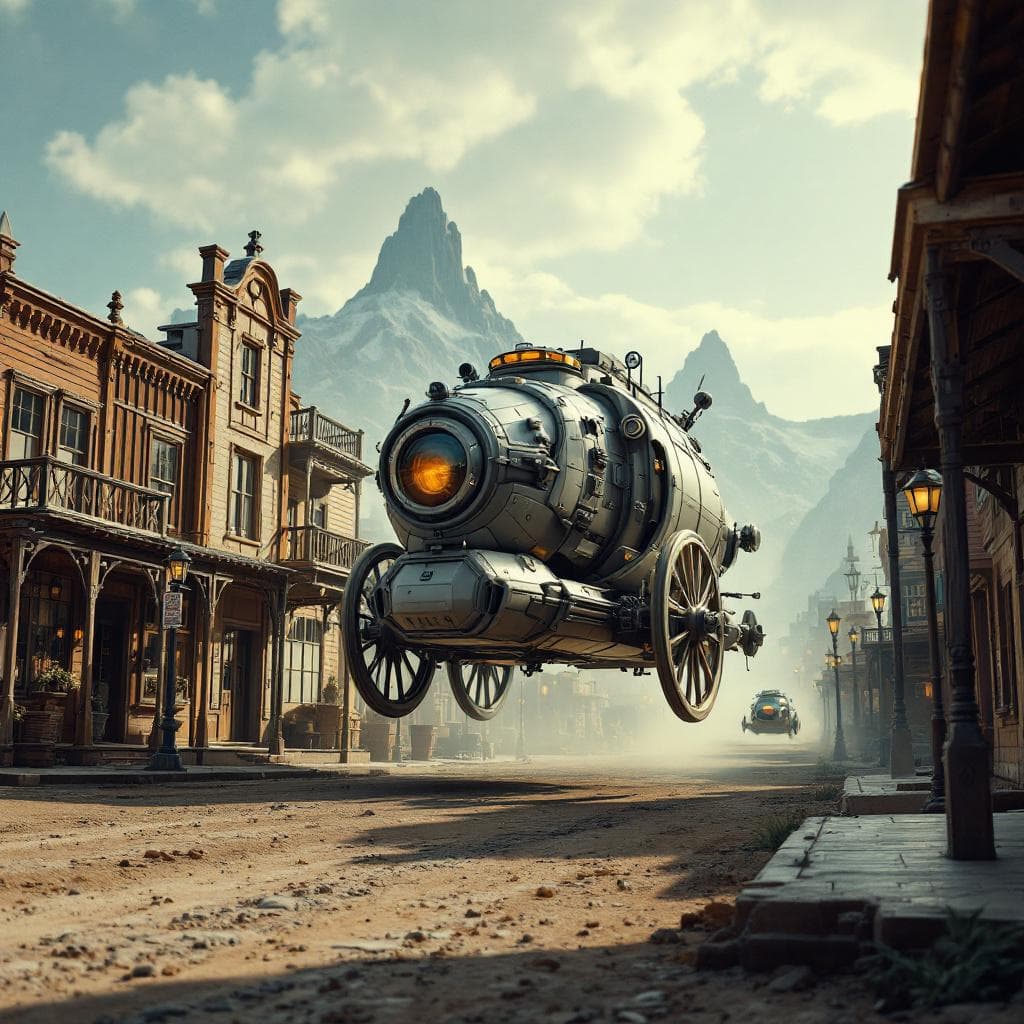 AI generated: The Old West in a futuristic setting. 1880 meets 2380 with a futuristic stagecoach that hovers witho...