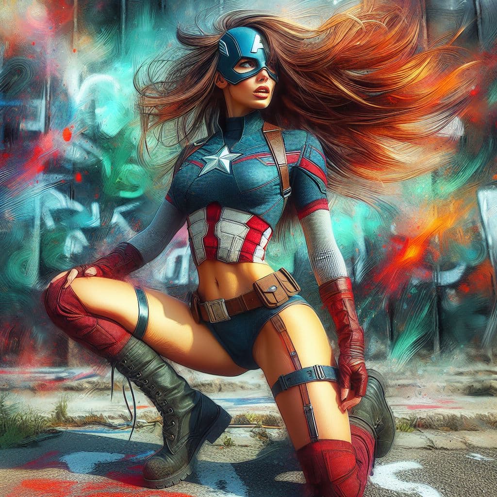 AI generated: painterly style, Slim and svelte captain america woman, with a slender waist and hips, posing for in...