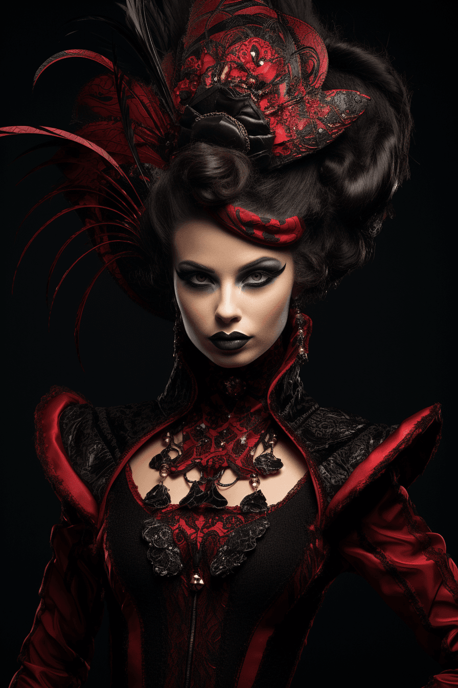 AI generated: a beautiful and evil looking woman in a costume, in the style of devilcore, clownpunk, tanbi kei, da...