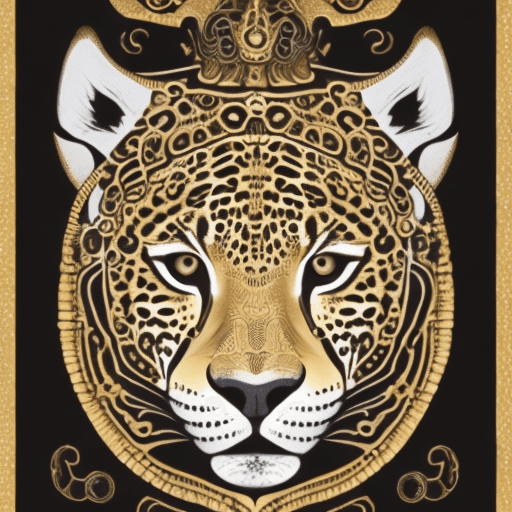AI generated: A jaguar face in a withe, gold & balck composition, with a note that reads "No Aflojaras"