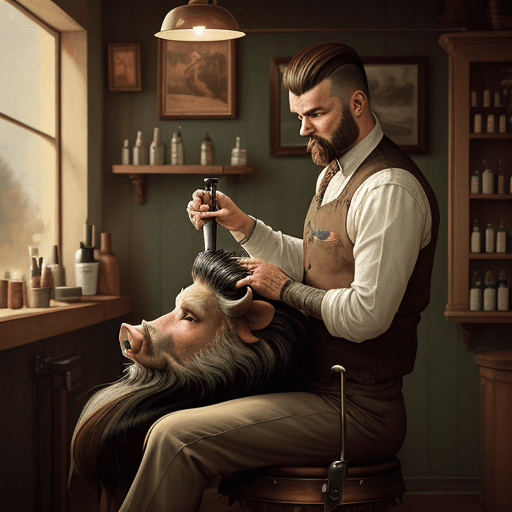 AI generated: Human barber cuts the hair of a boar sitting in a chair in a vintage barbershop, soft light, digital...