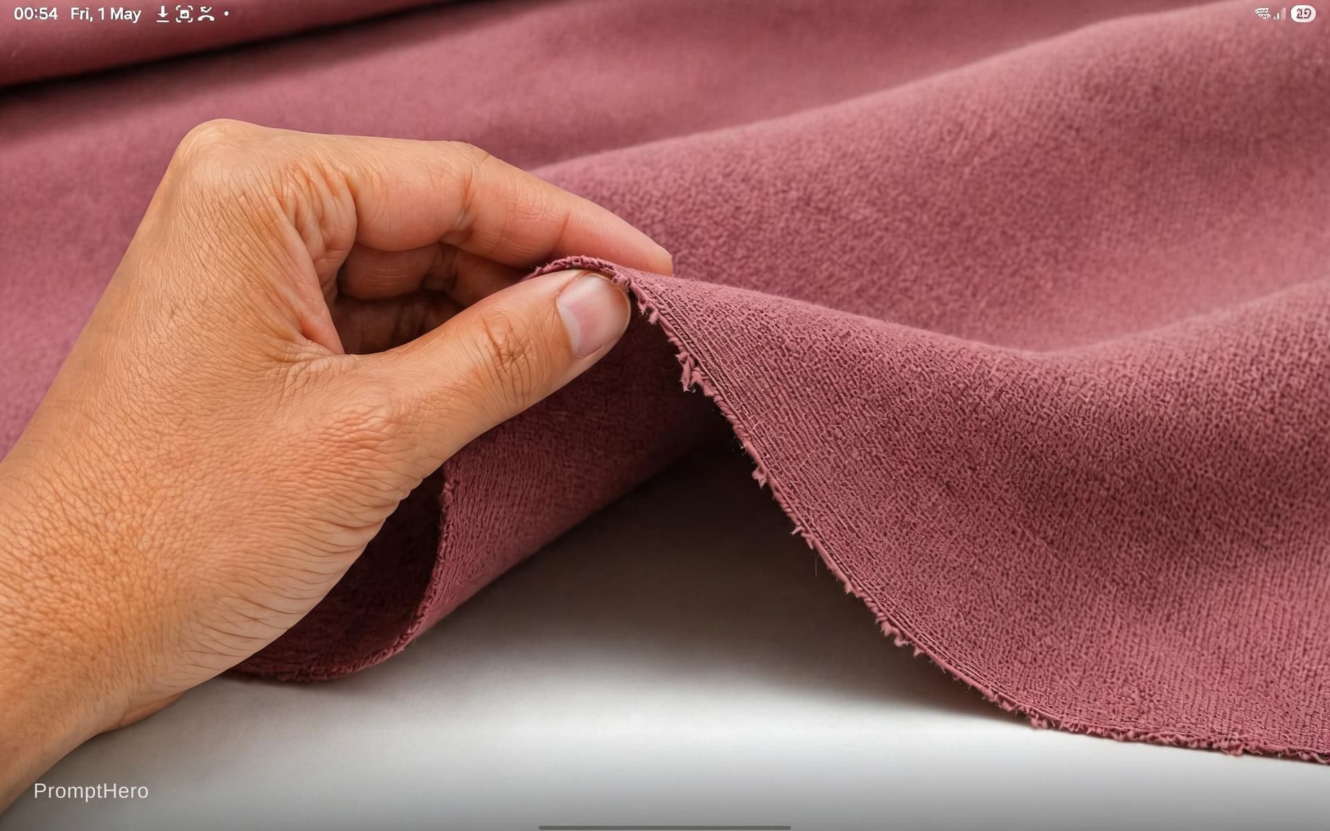 AI generated: I want to generate a image in whic a plain rayon raw cut edge is placed between fingers to show the ...