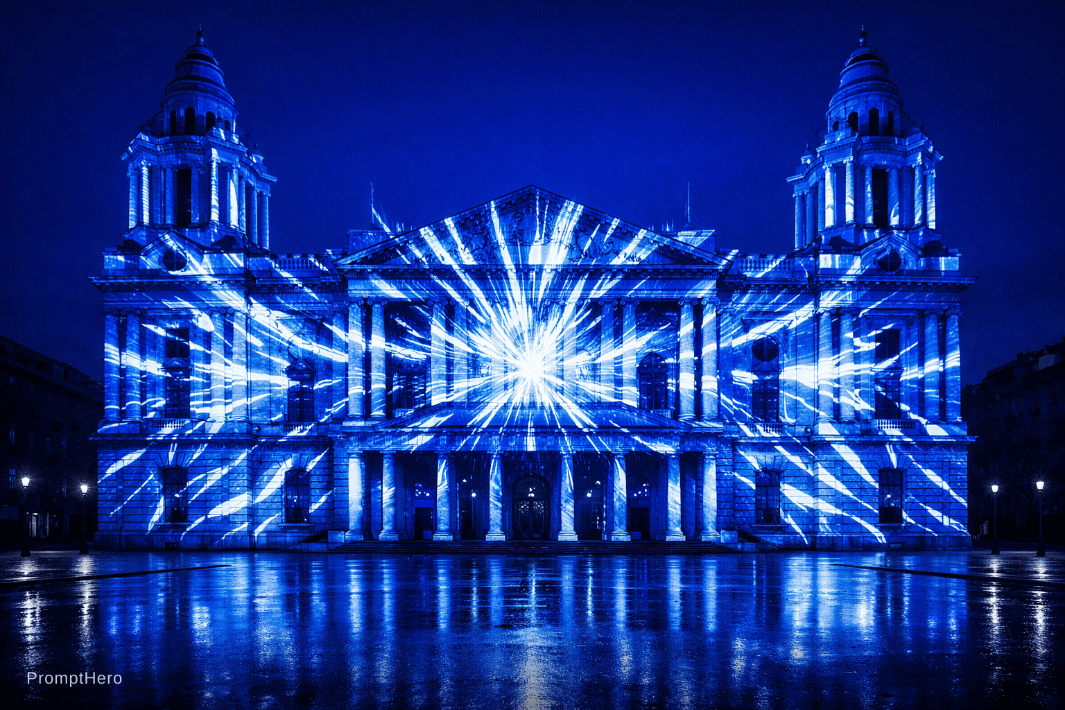 AI generated: A dramatic wide-angle night photograph of a grand neoclassical civic building — twin bell towers, co...