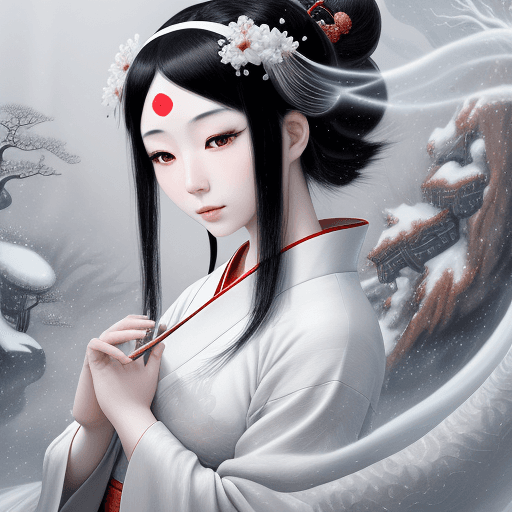 AI generated: a Japanese woman with black hair living in a cave, a celestial being, wears white Daofu, has a headb...