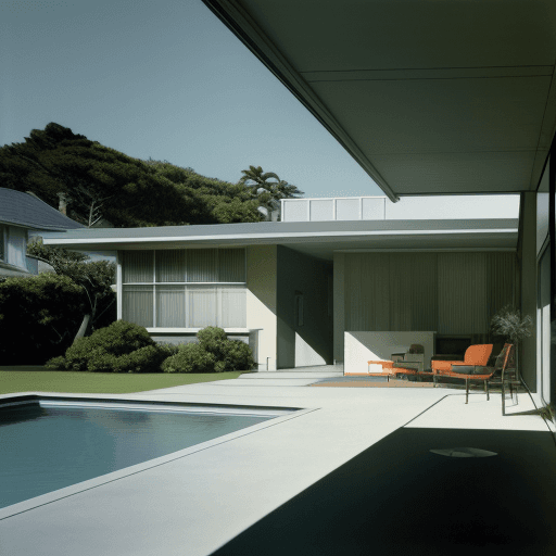 AI generated: Hyper realistic eye level exterior photo of a mid century modern style house overlooking the ocean, ...