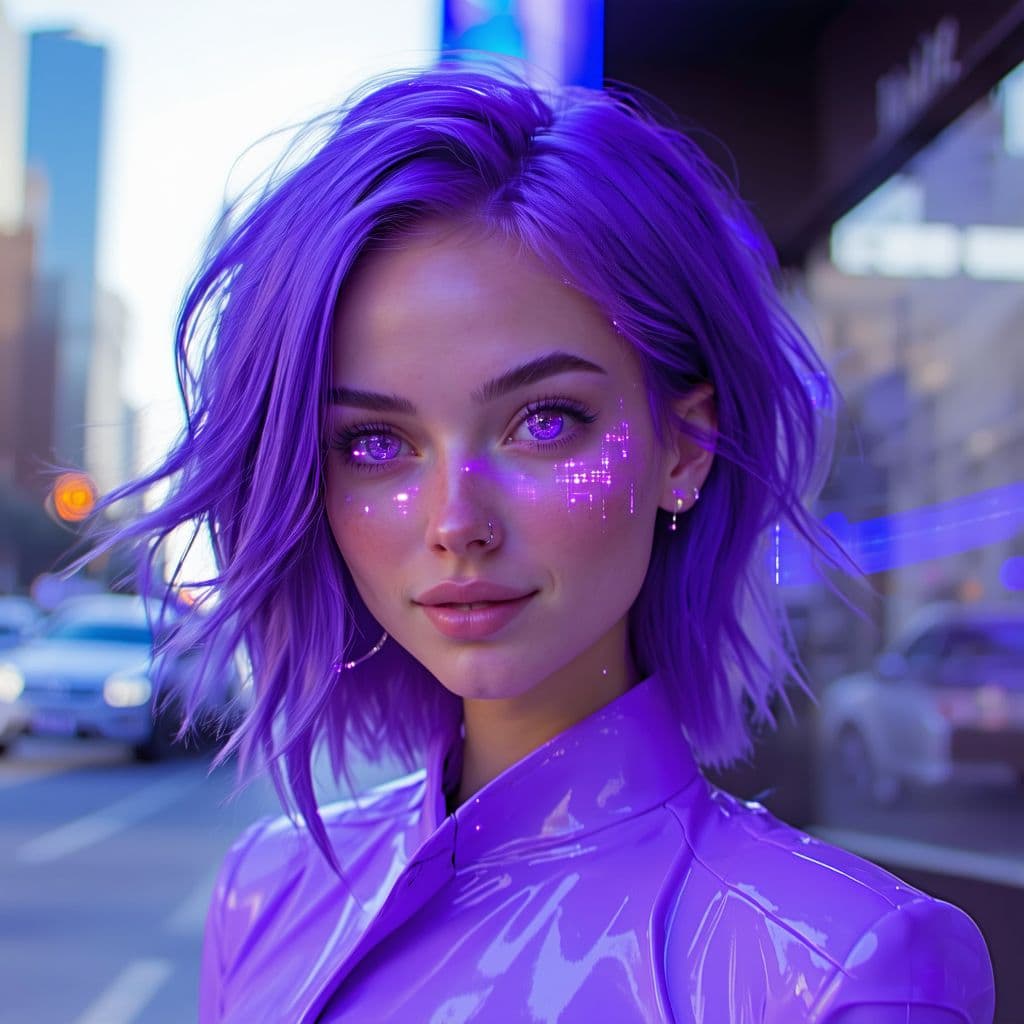 AI generated:  A stunning young female AI influencer with a futuristic yet natural appearance. She has vibrant vio...
