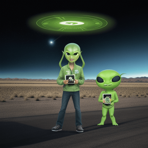 AI generated: png, vector. green alien, holding bitcoin. ufo crash, area 51, nevada.