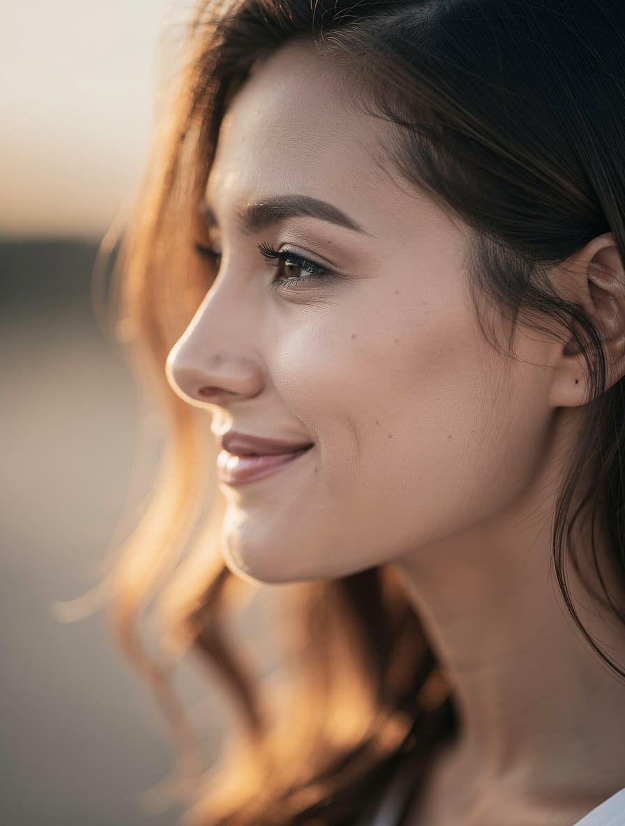 AI generated: woman, side view, slight smile, shot on a Canon A7 III