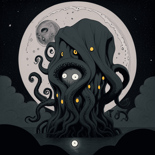 AI generated: Giant octopus, tentacles enveloping the moon, darkness of space, small stars, art style inspired by ...
