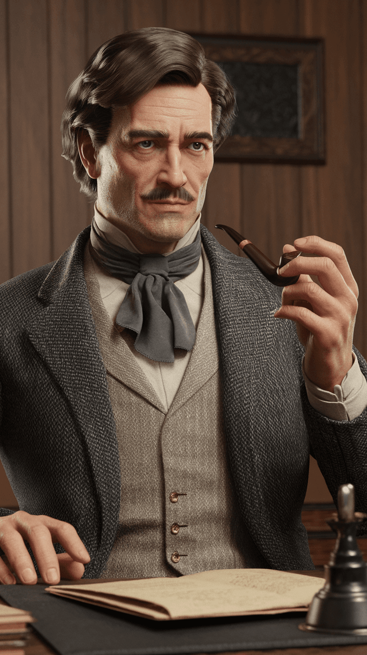 AI generated: Create a highly detailed and realistic 3D avatar of a middle-aged Victorian-era police inspector sat...