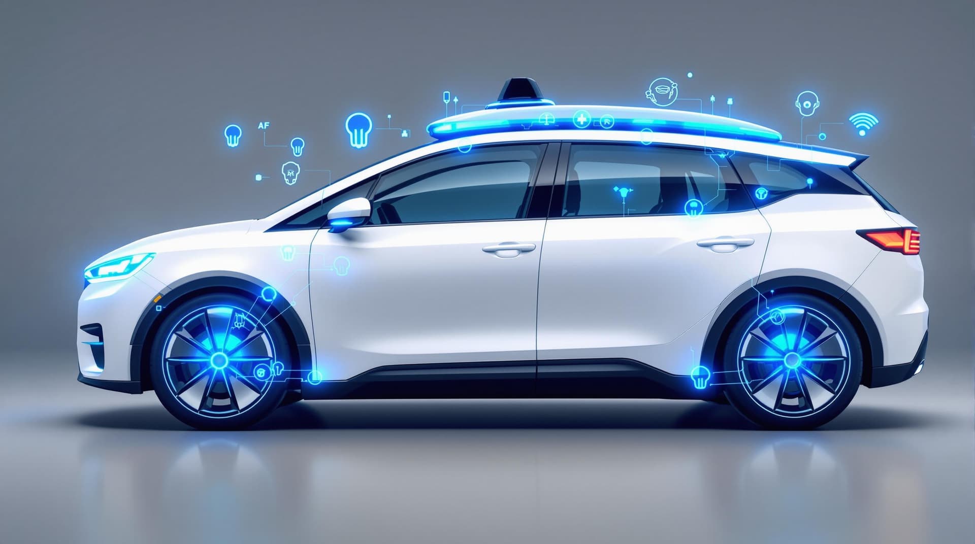 AI generated: "A modern self-driving car with blue AI sensors glowing around it, representing smart transportation...