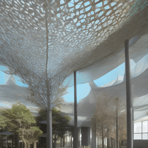 AI generated: the walls are whitebrick. there is a bench with a tree in the model. there are iridescent color chai...