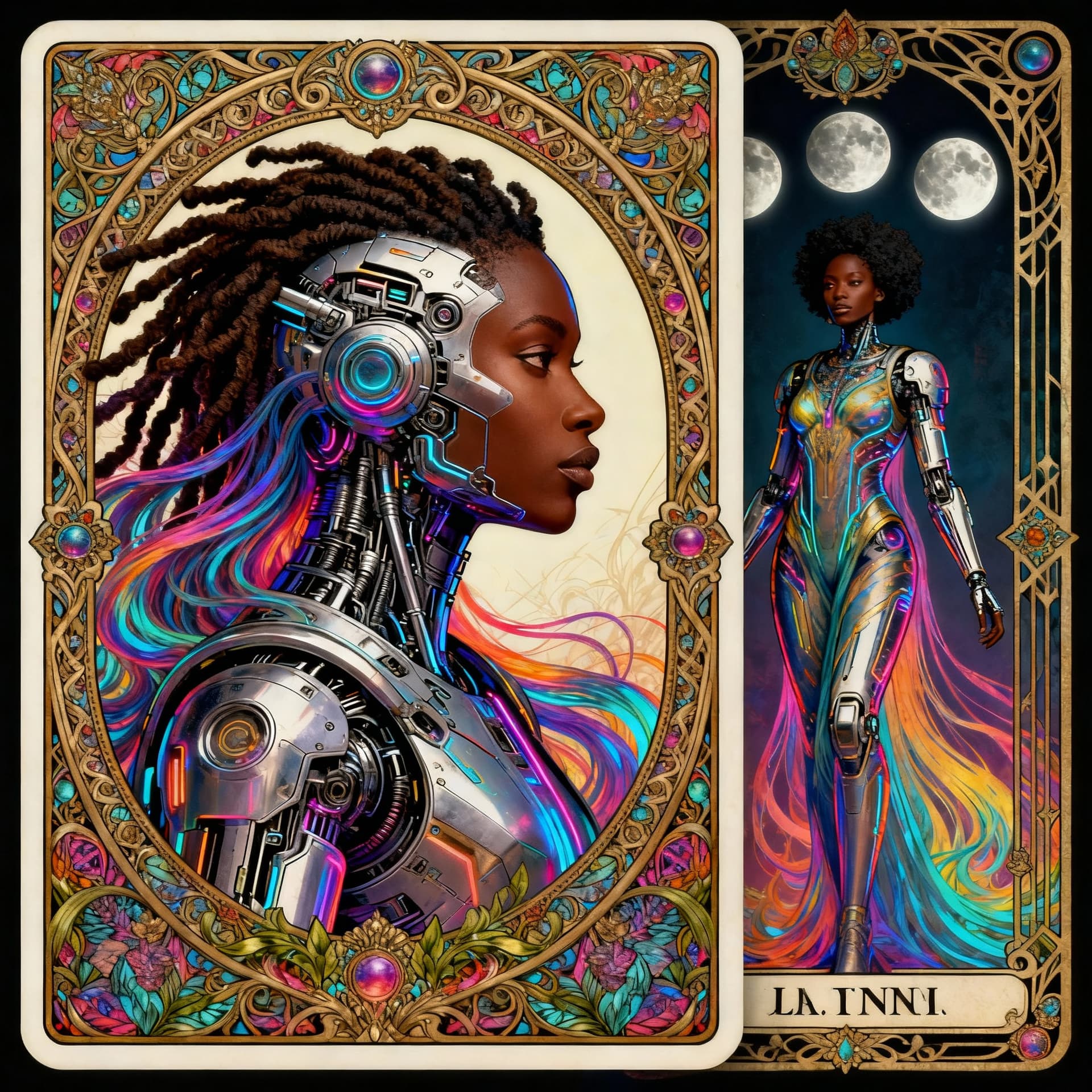 AI generated:  tarot card with intricate detailed frame around the outside |side profile of cyberpunk head with fl...