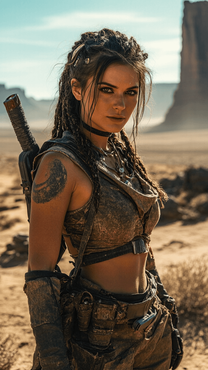AI generated: A resilient wasteland scout, with weathered skin, a determined gaze and hair braided with found obje...