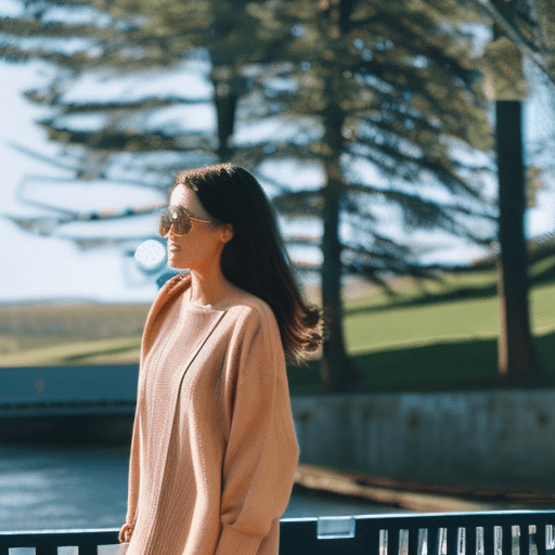 AI generated: Woman walking by the river wearing regular clothes 