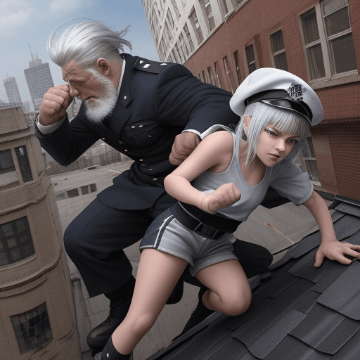 AI generated: 15-year-old girl with silver hair reaching her shoulders trying to punch a 35 year old boy with a wh...