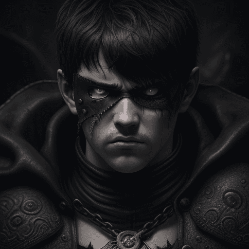 AI generated: Guts, from Berserk series, warlock, leather eye patch, white strand in bangs, evil look, thoughtful ...