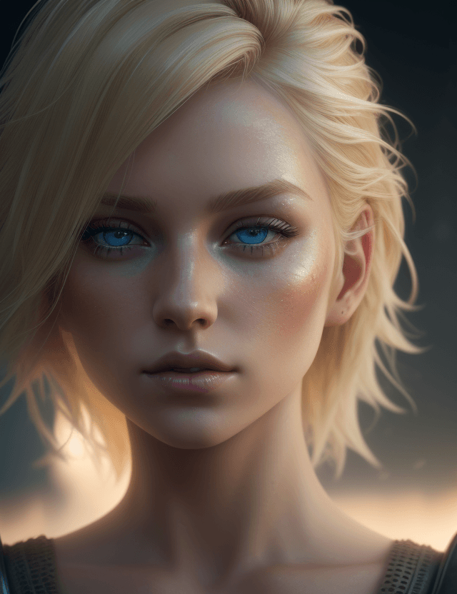 AI generated: close up beauty shot of young blonde woman with wild cropped blonde hair wearing natural makeup with...