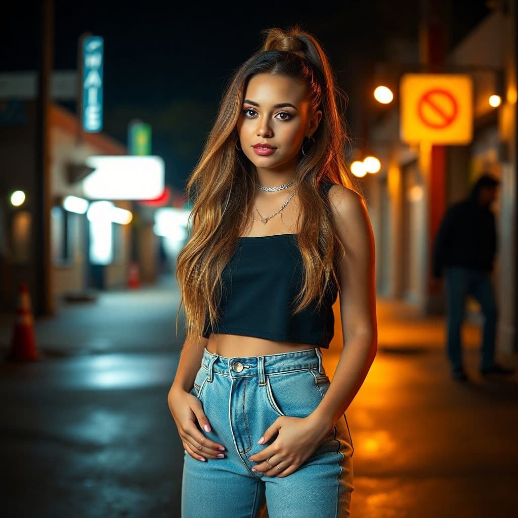 AI generated: Super-Realistic potrait of Ariana Grande standing at photoshoot location, worn a detailed texture ch...