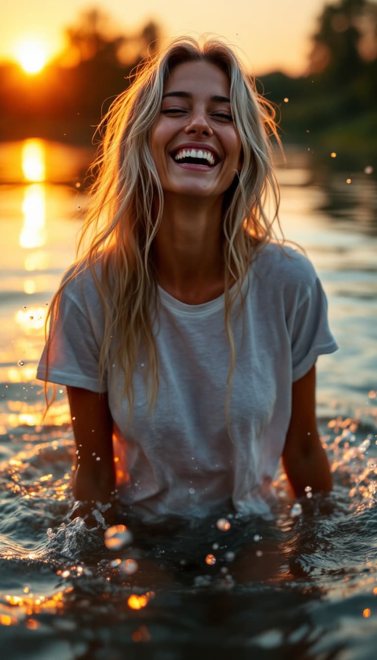 AI generated: photo of 40yo woman with long blonde gray hair in a lake splashing water, sunset, having fun, laughi...