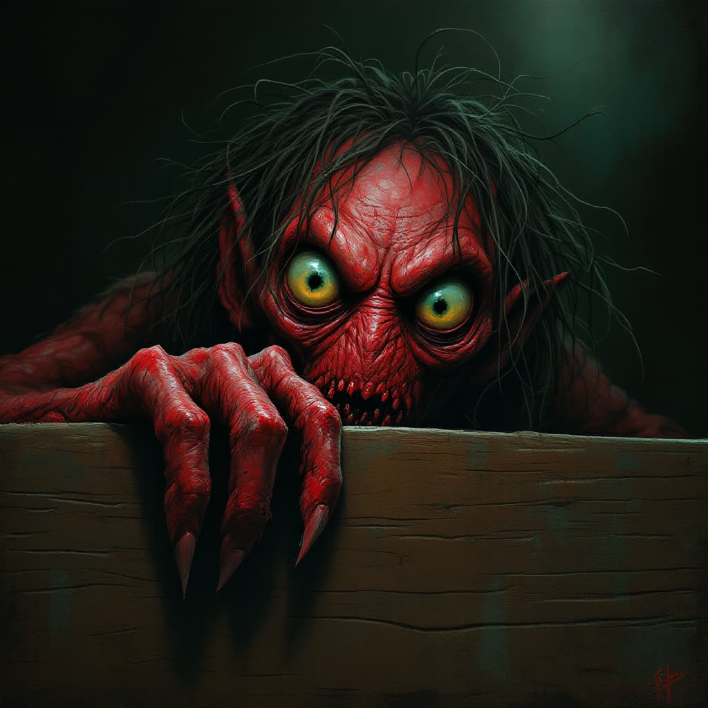 AI generated: A grotesque, red-skinned creature with large, vacant eyes peers over the edge of a wooden surface, i...